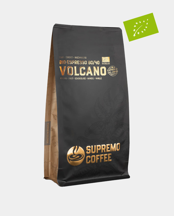 Bio-Kaffeebohnen, eine Espresso Mischung mit 40% Robusta und 60% Arabica Anteil. In wiederverschliessbare, edler schwarzen Verpackung.